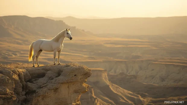 A white stallion standing proudly on a rocky cliff, overlooking a vast valley at sunrise, radiating strength and elegance.