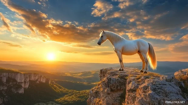 A white stallion standing proudly on a rocky cliff, overlooking a vast valley at sunrise, radiating strength and elegance.