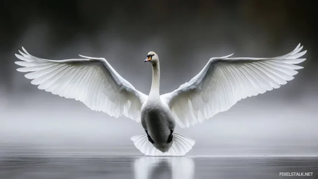 A white swan taking flight from a lake at dawn, wings fully extended in perfect symmetry, ideal for a bird wallpaper.