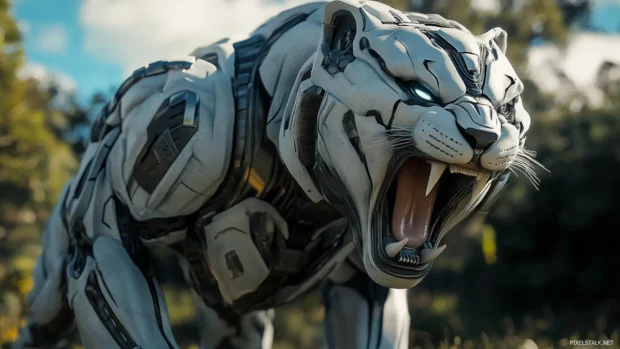 A white tiger, cybernetic armor, roaring loud, strong futuristic feel shines.
