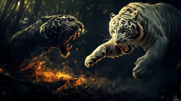 A white tiger in leap, claws sharp, storms dark jungle, fangs show rage.