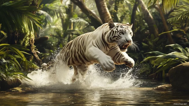 A white tiger jumps through air, slow motion, river and jungle in back.