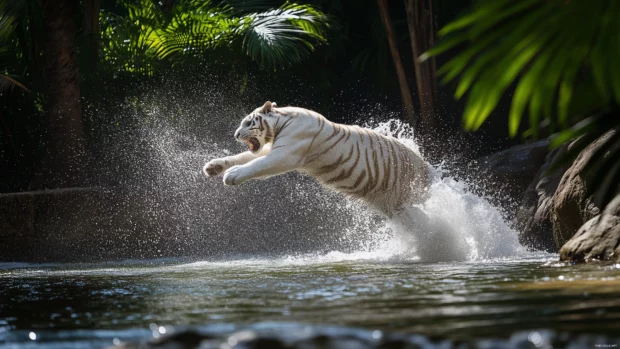 A white tiger leaping through the air in slow motion, splashing water beneath it.