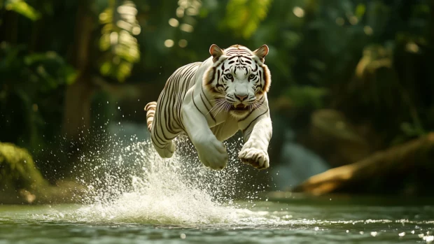 A white tiger leaping through the air in slow motion, splashing water beneath it, captured in mid motion with perfect clarity, tropical river setting with lush jungle in the background.