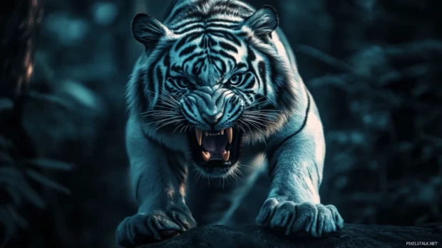 A white tiger mid leap, claws extended, rushes through dark jungle, fangs fierce.