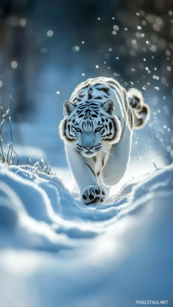 A white tiger prowling gracefully through a snowy forest, snowflakes falling softly around it, paw prints in the fresh snow.