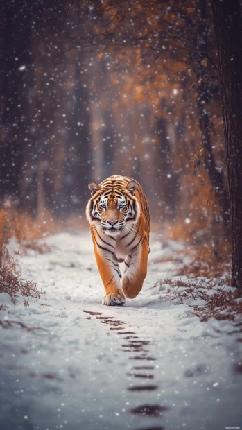 A white tiger prowling gracefully through a snowy forest, snowflakes falling softly around it, paw prints in the fresh snow.