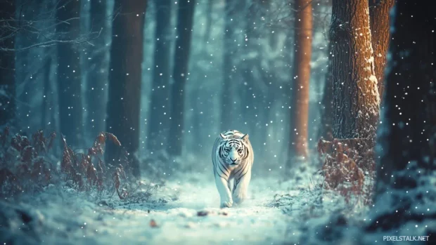 A white tiger prowling gracefully through a snowy forest, soft snowfall in the background, crisp cool colors of white and blue.