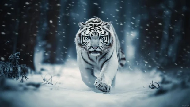 A white tiger prowling gracefully through a snowy forest, soft snowfall in the background, crisp cool colors of white and blue.