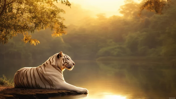 A white tiger prowling through a lush green jungle.