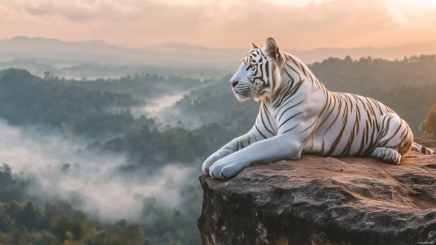 A white tiger resting on a rocky cliff edge overlooking a misty valley.