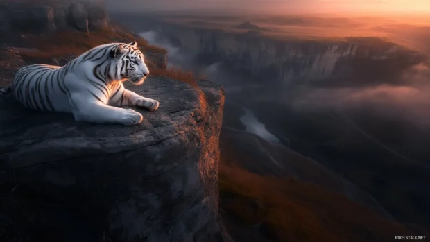 A white tiger resting on a rocky cliff edge overlooking a misty valley, early morning fog rolls through the valley.