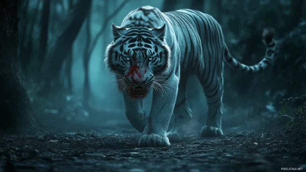 A white tiger, scarred, red stained fur, in misty woods, gaze raw with anger.