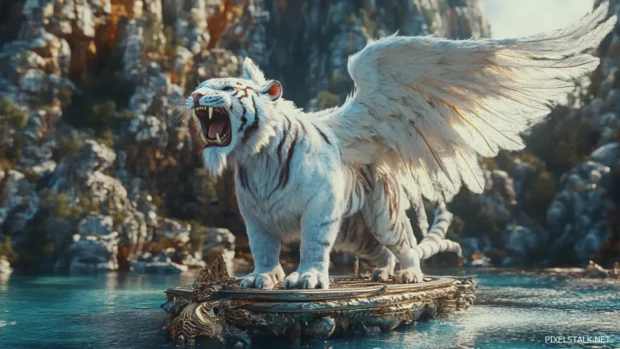 A white tiger with dragon like wings, roaring as it stands atop a floating island, an epic fantasy setting.