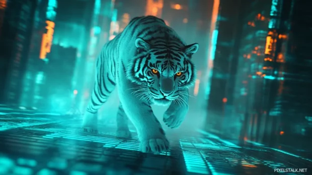 A white tiger with glowing neon markings, prowling through a cyberpunk cityscape, its aggressive stance exuding dominance.