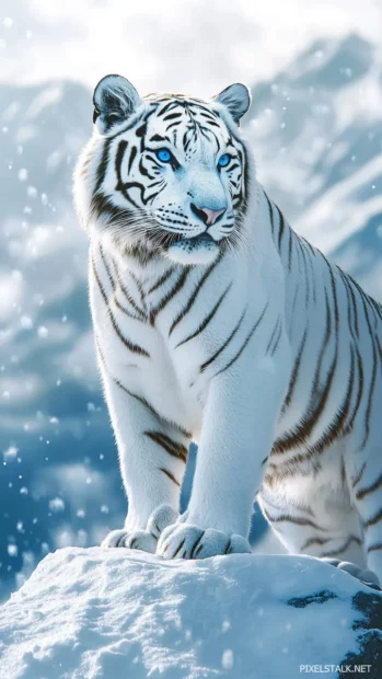A white tiger with piercing blue eyes, standing on a snowy mountain peak.