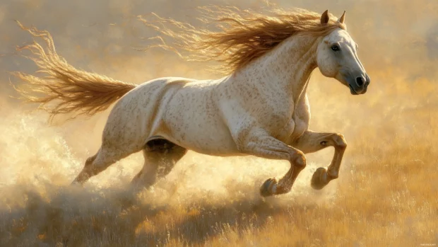 A wild horse galloping through a sunlit meadow, mane flowing in the wind.