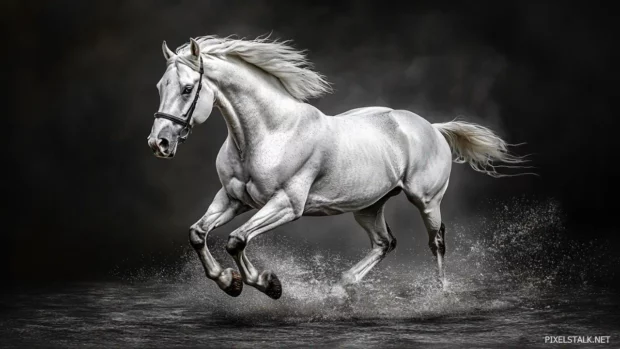 A wild white horse running through shallow ocean waves, water splashing around its muscular legs, freedom and power in motion.