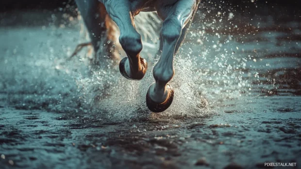 A wild white horse running through shallow ocean waves, water splashing around its muscular legs, freedom and power in motion.