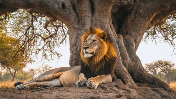 A wise lion king sitting under a sacred baobab tree, watching over its kingdom with deep wisdom in its eyes .