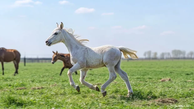 A young white foal running alongside its mother in an open green pasture, playful and full of life.