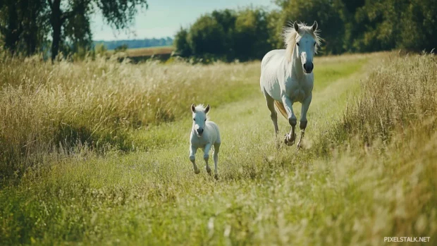 A young white foal running alongside its mother in an open green pasture, playful and full of life.