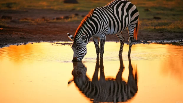 A zebra drinking from a watering hole at sunrise, its reflection rippling in the water.