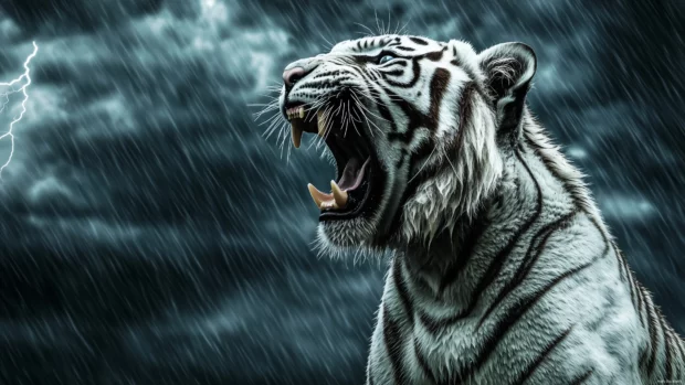 A fierce white tiger roaring under a stormy sky rain.