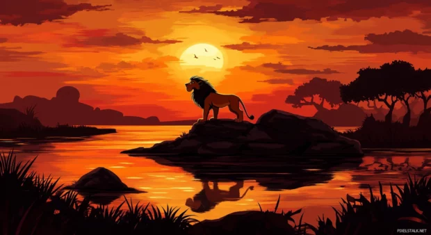 Adult Simba standing tall on Pride Rock, sun setting behind him.