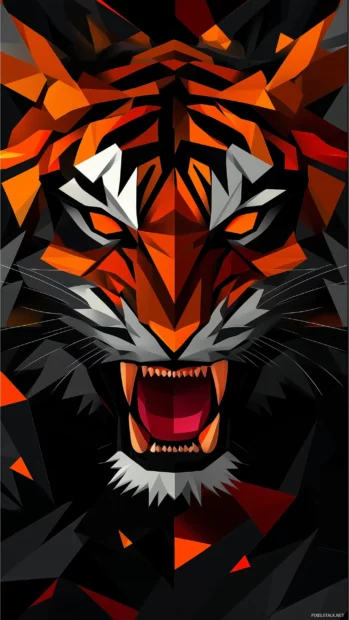 An abstract geometric tiger with an angry expression, sharp polygonal shapes forming its head.