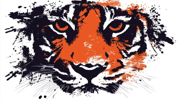 An abstract tiger face using simple bold strokes.