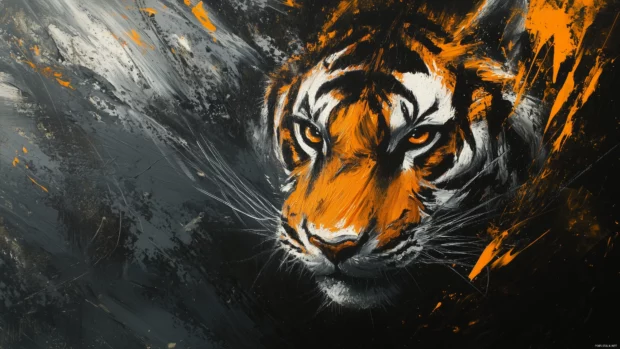 An abstract tiger face using simple bold strokes, modern artistic feel, black and orange color palette.