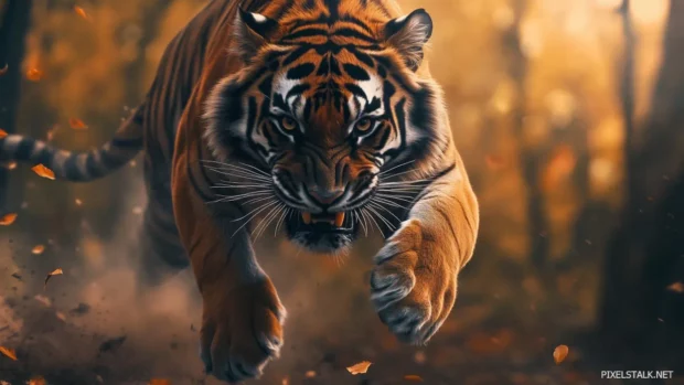 An angry tiger charging forward, claws extended, dirt and leaves flying in the air, dynamic motion captured mid leap.