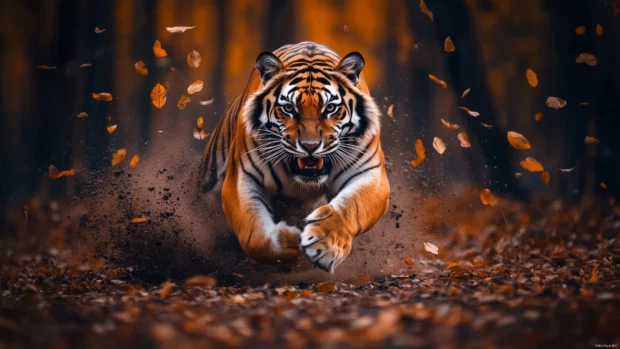 An angry tiger charging forward, claws extended, dirt and leaves flying in the air, dynamic motion captured mid leap.