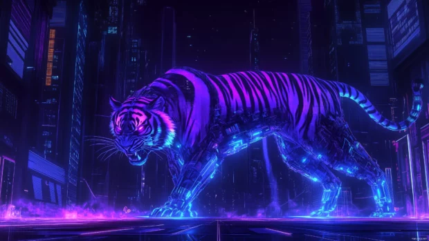 An angry tiger in a neon cyberpunk world.