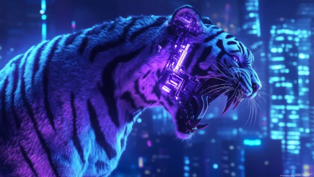 An angry tiger in a neon cyberpunk world, glowing blue and purple stripes, mechanical elements infused in its body, its roar sending shockwaves through the city skyline.