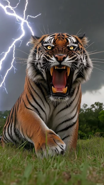 An angry tiger with electric lightning bolts crackling around its body.