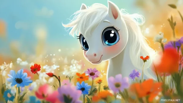 An anime style white pony with big sparkling eyes, standing in a magical meadow.