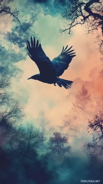 An artistic fantasy setting with soft pastel colors and a flying bluebird, great for blue bird phone background.