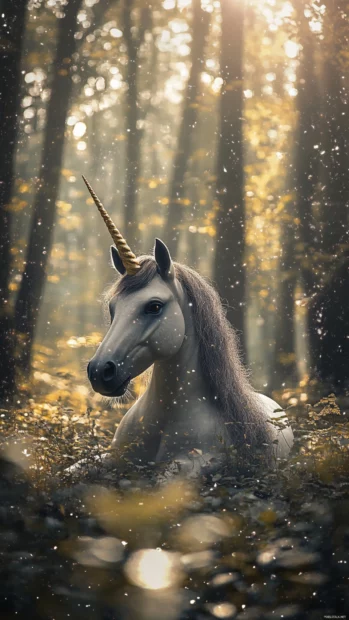 An enchanted forest scene with a unicorn, golden horn shining in soft light.