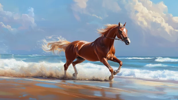 Arabian horse strides fast, along calm beach, waves in back, free and elegant.