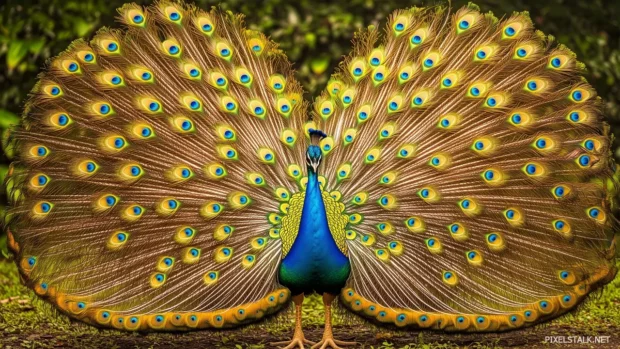 Beautiful peacock displaying its iridescent feathers in a wide fan, showcasing a blend of blue, green, and gold colors.