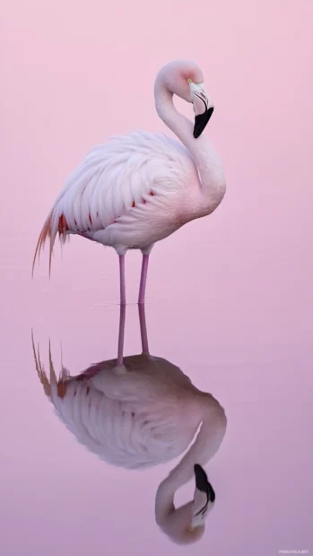 Bird iPhone background of a flamingo standing alone in pastel pink shallow waters at dawn, soft tones and reflections (2).