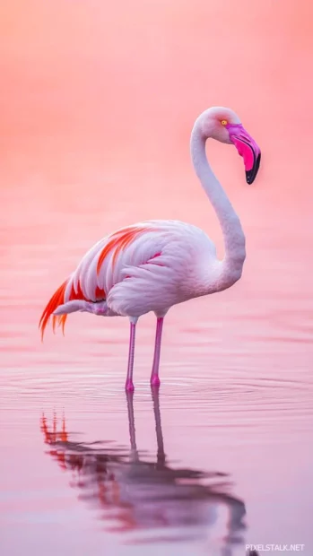 Bird iPhone background of a flamingo standing alone in pastel pink shallow waters at dawn, soft tones and reflections.