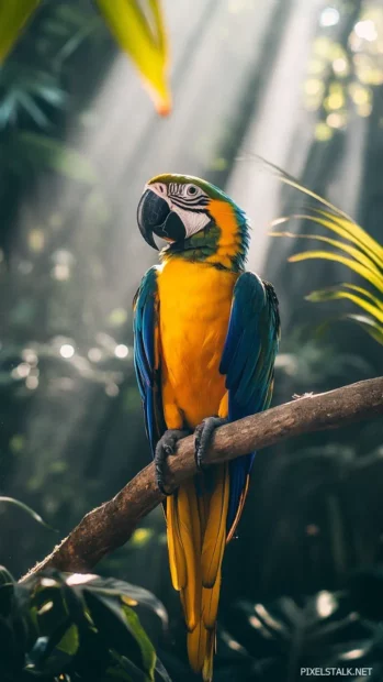 Bird iPhone wallpaper with a majestic macaw perched on a vertical rainforest branch, sunlight shining through jungle leaves.