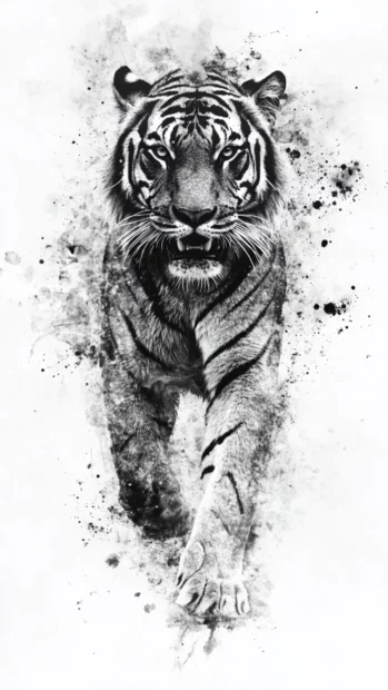 Black ink tiger with splattered watercolor effect in minimalist art.