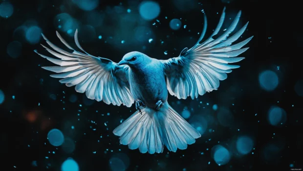 Blue bird HD wallpaper, presenting a glowing cyan bird captured mid flight with wings outstretched.