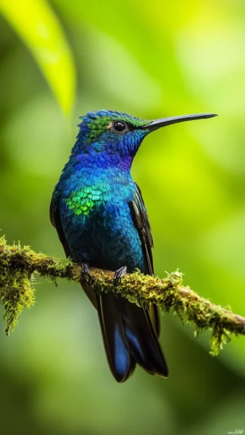 Blue bird HD wallpaper with a close up of a hummingbird in a vertical jungle backdrop.