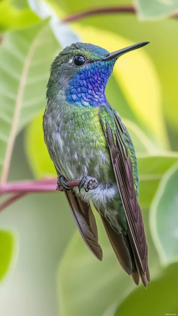 Blue bird HD wallpaper with a close up of a hummingbird in a vertical jungle backdrop.