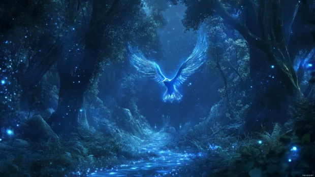Blue bird aesthetic wallpaper with a fantasy glowing bluebird in a forest full of magical light.
